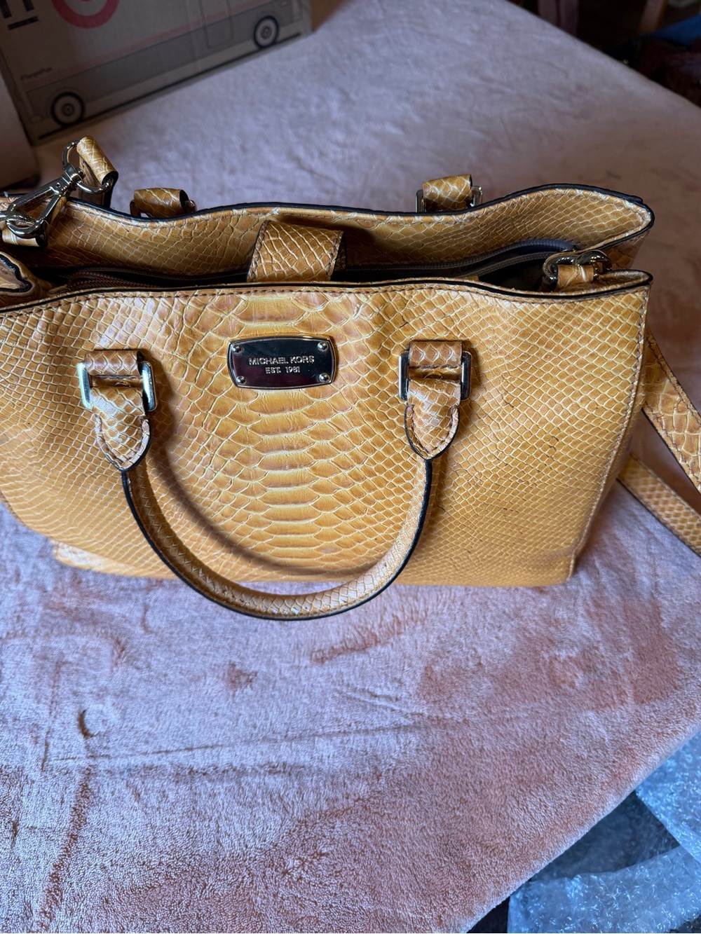 Michael Kors Yellow Faux-Snakeskin Satchel with Top Handles - Picture 1 of 7